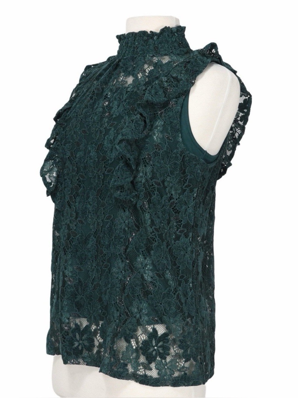 Cable & Gauge Sleeveless Lace Ruffle Mock Neck Top — Emerald Green